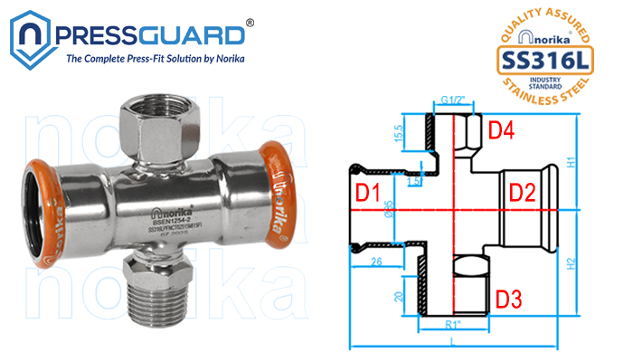 Stainless Steel 316L Press Fit Reducing Cross Tee (MxF)